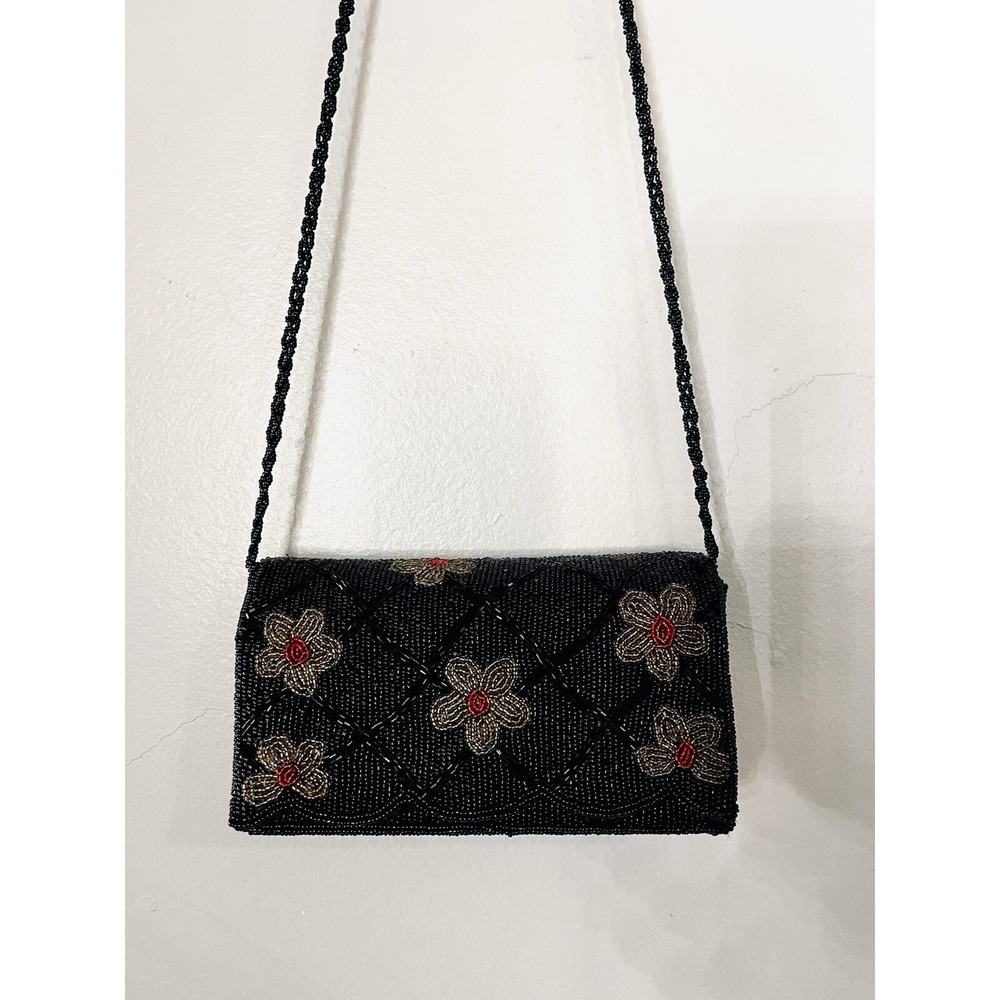 Vintage Women Black Floral Clutch Embellished‎ Beaded Shoulder Bag with Beads